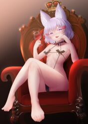Rule 34 | 1girl, absurdres, animal ear fluff, animal ears, bare legs, barefoot, black panties, blush, breasts, brown background, chair, collarbone, commentary request, crossed legs, cup, drinking glass, eyelashes, feet, fox ears, fox girl, gradient background, hair between eyes, hair ornament, hands up, highres, holding, john zerowb, legs, light purple hair, looking at viewer, medium hair, open mouth, panties, phase connect, purple eyes, revealing clothes, shiny skin, sidelocks, sitting, small breasts, solo, teeth, tenma maemi, thighs, toenails, toes, underwear, upper teeth only, virtual youtuber, wine glass