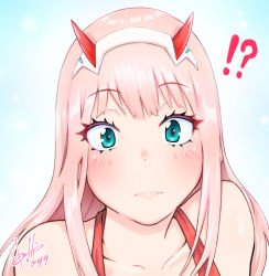 Rule 34 | !?, 1girl, 2019, bare shoulders, blue eyes, blush, closed mouth, collarbone, darling in the franxx, eyelashes, fang, hairband, hori shin, horns, looking at viewer, oni horns, pink hair, portrait, signature, skin fang, solo, straight hair, white hairband, zero two (darling in the franxx)