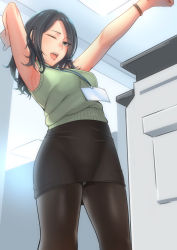Rule 34 | 1girl, :d, armpits, arms up, black hair, black pantyhose, breasts, brown pantyhose, brown skirt, commentary request, photocopier, cowboy shot, crotch seam, from below, green eyes, highres, id card, indoors, kyuuso inukami, long hair, looking at viewer, looking down, medium breasts, office lady, open mouth, original, panties, panties under pantyhose, pantyhose, pantyshot, pencil skirt, skirt, sleeveless, smile, solo, standing, stretching, underwear, upskirt, watch, white panties, wristwatch