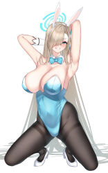 Rule 34 | 1girl, absurdres, animal ears, armpits, arms behind head, arms up, asm ln, asuna (blue archive), asuna (bunny) (blue archive), bare shoulders, blue archive, blue eyes, blue leotard, blue ribbon, blush, breasts, brown pantyhose, cleavage, detached collar, elbow gloves, fake animal ears, gloves, grin, hair over one eye, hair ribbon, halo, high heels, highleg, highleg leotard, highres, kneeling, large breasts, leotard, light brown hair, long hair, looking at viewer, mole, mole on breast, pantyhose, playboy bunny, rabbit ears, ribbon, simple background, smile, solo, teeth, thighband pantyhose, very long hair, white background, white gloves