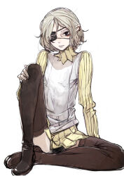 Rule 34 | 1boy, bags under eyes, black eyes, boots, dungeon meshi, elf, eyepatch, gorget, grey hair, hand on own knee, highres, leg up, long sleeves, looking at viewer, male focus, mithrun, notched ear, one eye covered, pointy ears, shirt, short hair, simple background, sitting, solo, thigh boots, thighhighs, toi8, tunic, wavy hair, white background, zettai ryouiki