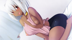 Rule 34 | 1girl, apron, bare shoulders, bed sheet, bike shorts, blush, breast hold, breasts, choker, dark-skinned female, dark skin, dutch angle, female focus, game cg, highres, large breasts, looking at viewer, nipples, open mouth, pointy ears, puffy nipples, red eyes, short hair, silver hair, sitting, skylader, smile, solo, wariza