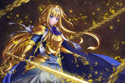 Rule 34 | 1girl, alice zuberg, armor, armored dress, blonde hair, blue eyes, chain, faulds, floating hair, gauntlets, glowing, gold armor, hair ribbon, hairband, holding, holding sword, holding weapon, long hair, nolmo, ribbon, solo, standing, sword, sword art online, very long hair, weapon, white hairband, white ribbon