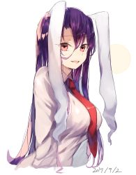 Rule 34 | 1girl, animal ears, bad id, bad pixiv id, between breasts, breasts, dated, floppy ears, highres, large breasts, long hair, long sleeves, looking at viewer, necktie, necktie between breasts, purple hair, rabbit ears, red eyes, red necktie, reisen udongein inaba, smile, solo, suminagashi, touhou, upper body, white background