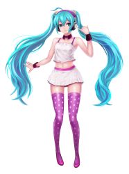 Rule 34 | 1girl, ahoge, aqua eyes, aqua hair, arm up, blush, breasts, camisole, choker, closed mouth, crop top, crop top overhang, full body, hair ornament, hatsune miku, headphones, highres, long hair, mhg (hellma), midriff, miniskirt, navel, pink footwear, pink thighhighs, polka dot, polka dot legwear, redial (vocaloid), shirt, shoes, skirt, sleeveless, sleeveless shirt, small breasts, smile, solo, thighhighs, transparent background, twintails, very long hair, vocaloid, white background, white shirt, wristband, zettai ryouiki