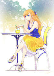 Rule 34 | 1girl, arm support, blue eyes, bracelet, breasts, chair, chemise, drink, drinking straw, earrings, glass, hair ornament, hairclip, head rest, highres, jewelry, crossed legs, long hair, nail polish, necklace, orange hair, orangina, original, ponytail, sandals, scrunchie, sitting, skirt, smile, solo, table, toenail polish, toenails, toes, yrnp, yuranpo