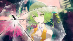 Rule 34 | 1girl, bad id, bad pixiv id, breasts, character name, city lights, cleavage, closed mouth, detached sleeves, expressionless, eyelashes, green eyes, green hair, gumi, matching hair/eyes, orange vest, rain, short hair, small breasts, solo, transparent, transparent umbrella, umbrella, upper body, vest, vocaloid, water, wing collar, yotsuba0052