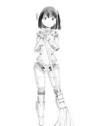 Rule 34 | 1girl, android, broom, commentary request, contrapposto, greyscale, highres, holding, holding broom, humanoid robot, joints, looking at viewer, medium hair, monochrome, original, robot, robot joints, science fiction, side ponytail, smile, solo, white background, wtry03