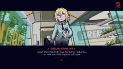 Rule 34 | 1girl, an-94 (antje) (girls&#039; frontline), an-94 (girls&#039; frontline), blonde hair, blue eyes, blue suit, breasts, collared shirt, crossover, english text, formal, girls&#039; frontline, glasses, helltaker, holding, holding suitcase, id card, jacket, long hair, looking at viewer, necktie, parody, ponytail, shirt, signature, sindraws, style parody, suit, suit jacket, suitcase