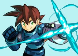 Rule 34 | 1boy, armor, blue background, brown hair, cannon, capcom, closed mouth, commentary request, gauntlets, green eyes, hair between eyes, hungry clicker, male focus, mega man (series), mega man legends (series), mega man volnutt, simple background, smile, solo, standing, weapon