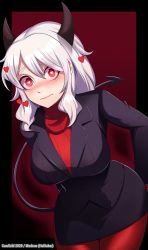 Rule 34 | 1girl, 2020, artist name, black jacket, black skirt, blush, breasts, cawfield, character name, copyright name, demon girl, demon horns, demon tail, eyebrows hidden by hair, formal, hair between eyes, heart, heart-shaped pupils, helltaker, highres, horns, jacket, large breasts, looking at viewer, medium hair, modeus (helltaker), outside border, pantyhose, red background, red eyes, red pantyhose, red sweater, ribbed sweater, simple background, skirt, solo, suit, sweater, symbol-shaped pupils, tagme, tail, wavy mouth, white hair