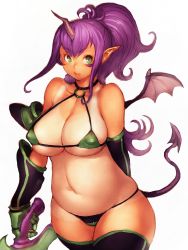Rule 34 | 1girl, bikini, breasts, cleavage, demon tail, female focus, fumio (rsqkr), gauntlets, green eyes, hip focus, horns, large breasts, lips, navel, o-ring, o-ring top, original, plump, pointy ears, ponytail, purple hair, simple background, single horn, solo, swimsuit, sword, tail, tan, tanline, weapon, wings