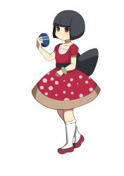 Rule 34 | 1girl, absurdres, bad id, bad pixiv id, black bow, black hair, blunt bangs, blush, bob cut, bow, bracelet, brown hair, closed mouth, collarbone, dress, egg, food, full body, highres, holding, holding egg, holding food, jewelry, kneehighs, looking away, original, puffy short sleeves, puffy sleeves, red dress, red footwear, shoes, short hair, short sleeves, simple background, socks, solo, standing, surio, white background, white socks