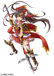 Rule 34 | 1girl, ;d, armor, brown hair, fighting stance, full body, geta, japanese armor, lance, last summoner, long hair, looking at viewer, one eye closed, open mouth, polearm, red skirt, sanada yukimura (last summoner), sandals, shoulder pads, simple background, skirt, smile, solo, spear, standing, tabi, tamashiro, thighhighs, very long hair, weapon, white background, white thighhighs, zettai ryouiki