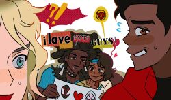 Rule 34 | !, !?, 1girl, 2023, 3boys, afro, bepp 11, black hair, blonde hair, blue eyes, brown eyes, brown hair, chin piercing, closed mouth, dark-skinned male, dark skin, emoji, english text, eyebrow piercing, freckles, gwen stacy, heart, highres, hobie brown, holding, holding sign, korean commentary, looking at another, marvel, miles morales, multiple boys, pavitr prabhakar, piercing, short hair, sign, simple background, single tear, smile, speech bubble, spider-gwen, spider-man: across the spider-verse, spider-man (miles morales), spider-man (series), spider-verse, sweat, white background