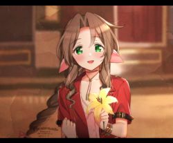 Rule 34 | 1girl, aerith gainsborough, bad id, bad pixiv id, blush, braid, brown hair, final fantasy, final fantasy vii, final fantasy vii remake, flower, green eyes, hair between eyes, hair intakes, jacket, jewelry, krudears, lily (flower), loveless avenue, necklace, open mouth, red jacket, ribbon, smile, solo, square enix, yellow flower