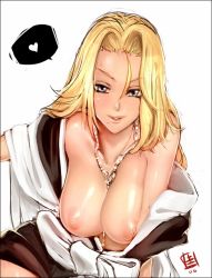 Rule 34 | 00s, 1girl, ahoge, between breasts, bleach, blonde hair, blue eyes, breasts, heart, japanese clothes, jewelry, kimono, large breasts, lips, long hair, matsumoto rangiku, mole, mole under mouth, naughty face, necklace, nipples, no bra, off shoulder, open clothes, open shirt, qiqo, robe, shirt, smile, solo, spoken heart