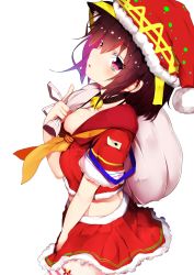 Rule 34 | 1girl, absurdres, blush, breasts, brown hair, cleavage, hat, highres, holding, holding sack, huaimeng, large breasts, looking at viewer, multicolored hair, original, parted lips, pink eyes, pink hair, red hat, red skirt, sack, santa costume, santa hat, short hair, skirt, solo, thighhighs, transparent background, two-tone hair, white thighhighs