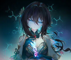 Rule 34 | 1girl, bare shoulders, black hair, blue eyes, breasts, brooch, chemical structure, chinese clothes, chinese commentary, cleavage, dated, dna, double-parted bangs, dress, flower, gloves, green dress, green gloves, hair between eyes, hair flower, hair ornament, honkai: star rail, honkai (series), jewelry, kirituka yuuka, long hair, medium breasts, necklace, parted lips, pearl necklace, red brooch, ruan mei (honkai: star rail), signature, sleeveless, sleeveless dress, solo, upper body