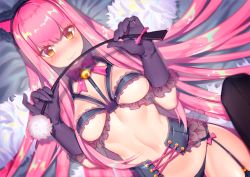 Rule 34 | &gt;:), 1girl, animal ears, artist name, bell, black gloves, black panties, black thighhighs, blush, bow, breasts, cat ears, choker, closed mouth, dutch angle, fake animal ears, fate/grand order, fate (series), fiodo, frill trim, frills, garter straps, glint, gloves, hairband, holding, holding riding crop, jingle bell, lingerie, lips, long hair, medb (fate), medium breasts, navel, panties, pink hair, ribbon choker, riding crop, sidelocks, smile, solo, thighhighs, underwear, underwear only, v-shaped eyebrows, very long hair, yellow eyes