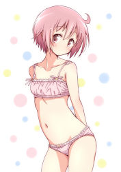 Rule 34 | 1girl, arms behind back, blush, bra, breasts, closed mouth, collarbone, contrapposto, cowboy shot, mel (melty pot), navel, nonohara yuzuko, panties, pink bra, pink eyes, pink hair, pink panties, polka dot, polka dot background, short hair, simple background, small breasts, solo, standing, underwear, underwear only, yuyushiki