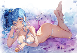 Rule 34 | 1girl, alternate breast size, alternate costume, anklet, apron, arched back, barefoot, bikini, blue eyes, blue hair, blue nails, blush, breasts, collarbone, commentary, crossed legs, earrings, english commentary, eyelashes, feet, feet up, flower, hair between eyes, hand up, hieihirai, hololive, hoshimachi suisei, jewelry, large breasts, legs, long hair, looking at viewer, lying, nail polish, on stomach, outdoors, ribbon, side ponytail, sidelocks, skindentation, smile, soles, solo, sparkle, star (symbol), star in eye, swimsuit, symbol in eye, the pose, toes, virtual youtuber, wet, white apron, white bikini, white flower, white ribbon