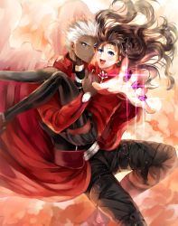 Rule 34 | 1boy, 1girl, archer (fate), between fingers, blue eyes, brown hair, carrying, dark-skinned male, dark skin, fate/stay night, fate (series), gem, gradient background, highres, holding, kkuwa, princess carry, tohsaka rin, white hair