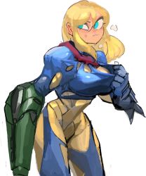 Rule 34 | 1girl, 33dot, arm cannon, armor, blonde hair, blue eyes, cowboy shot, fusion suit, highres, leaning forward, long hair, looking to the side, metroid, metroid fusion, nintendo, no headwear, power armor, samus aran, shirt tug, solo, steam, sweat, torn clothes, weapon, white background