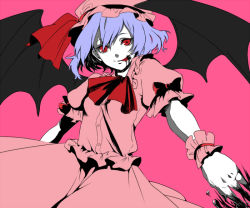 Rule 34 | 1girl, bad id, bad pixiv id, bat wings, blood, chikushou desu, female focus, hat, hat ribbon, outstretched arm, outstretched hand, pale skin, pink theme, purple hair, red eyes, remilia scarlet, ribbon, short hair, short sleeves, simple background, smile, solo, tongue, touhou, wings, wrist cuffs