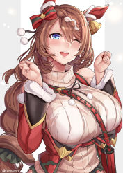 Rule 34 | 1girl, animal ears, bag, bell, blue eyes, blush, bow, braid, breasts, brown hair, hair bow, hair ornament, hands up, highres, himuro shunsuke, horse ears, horse girl, large breasts, long hair, long sleeves, looking at viewer, one eye closed, open mouth, red bow, shoulder bag, smile, solo, super creek (umamusume), sweater, umamusume