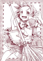 Rule 34 | 1girl, :d, apron, artist request, blush, broom, clenched hand, corrupted twitter file, happy, highres, looking at viewer, maid, maid apron, medalist (manga), monochrome, open mouth, short hair, sketch, smile, solo, source request, standing, yuitsuka inori