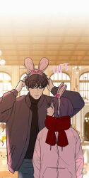 Rule 34 | 1boy, 1girl, black hair, black shirt, blush, brown sweater, go eunhyeok, grey eyes, grey pants, hair ornament, highres, long hair, looking at another, looking to the side, open clothes, operation: true love, pants, pink sweater, purple eyes, purple hair, rabbit ears, rabbit hair ornament, shim su-ae, shirt, short hair, sweater, window