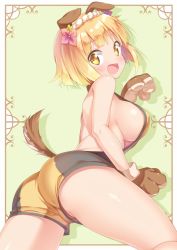 Rule 34 | 1girl, :d, animal ears, animal hands, ass, backless outfit, bare back, bare shoulders, blonde hair, blunt bangs, breasts, dog ears, dog tail, endro!, fai fai, fang, gloves, gradient hair, highres, kazuma (kazumav), large breasts, looking at viewer, multicolored hair, open mouth, paw gloves, short hair, sideboob, smile, solo, tail, thighs, yellow eyes