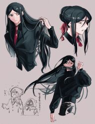 Rule 34 | 1boy, 1girl, adjusting hair, black jacket, black shirt, borrowed hairstyle, closed mouth, cropped torso, fate (series), gray (fate), grey background, hair between eyes, hair over mouth, highres, jacket, long hair, long sleeves, looking to the side, lord el-melloi ii, male focus, multiple views, necktie, red necktie, red ribbon, ribbon, shirt, tokoni fusu, translation request, waver velvet