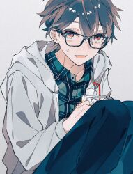 Rule 34 | 1boy, bandaged fingers, bandages, black-framed eyewear, brown hair, buttons, collared shirt, cup, drinking straw, ensemble stars!, glasses, grey jacket, hair between eyes, highres, holding, holding cup, hood, hood down, hooded jacket, jacket, long sleeves, looking at viewer, male focus, morisawa chiaki, open clothes, open collar, open jacket, open mouth, red eyes, sanichi, shirt, short hair, simple background, sitting, solo