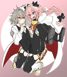 Rule 34 | 2boys, androgynous, antenna hair, armored skirt, astolfo (fate), belt, black belt, black bow, black garter straps, black pants, black thighhighs, black vest, blush, bow, braid, bulge, cape, carrying, carrying person, dress shirt, emblem, fang, fate/apocrypha, fate (series), full body, fur-trimmed cape, fur trim, garter straps, gauntlets, gorget, grey hair, hair between eyes, hair bow, hair intakes, hand on another&#039;s arm, hand on another&#039;s leg, haoro, light blush, long braid, long hair, looking at another, male focus, multicolored hair, multiple boys, open mouth, pants, parted lips, pink hair, princess carry, purple eyes, red eyes, shirt, sieg (fate), signature, single braid, skin fang, socks, streaked hair, thighhighs, trap, two-sided cape, two-sided fabric, two-tone hair, vest, waistcoat, white cape, white footwear, white hair, white shirt, white socks