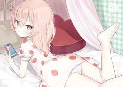 Rule 34 | 1girl, bare legs, barefoot, capriccio, cellphone, closed mouth, commentary, dot mouth, food print, foot up, from behind, hair between eyes, inui sajuna, long hair, looking at viewer, looking back, lying, on bed, on stomach, panties, phone, pink eyes, pink hair, puffy short sleeves, puffy sleeves, short sleeves, smartphone, solo, sono bisque doll wa koi wo suru, strawberry print, underwear, white panties