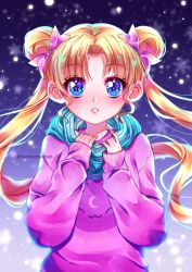 Rule 34 | 1girl, bishoujo senshi sailor moon, blonde hair, blue eyes, blush, bow, double bun, female focus, floating hair, hair bow, hair bun, hair intakes, long hair, long sleeves, looking at viewer, parted lips, pink bow, pink sweater, solo, sweater, tabby chan, tsukino usagi, twitter username, upper body, very long hair, winter