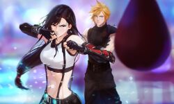 1boy 1girl armor black_hair blonde_hair blue_eyes blurry blurry_background blurry_foreground closed_mouth cloud_strife commentary crop_top crossed_arms earrings elbow_pads english_commentary fighting_stance final_fantasy final_fantasy_vii final_fantasy_vii_remake fingerless_gloves gloves hair_behind_ear highres jewelry long_hair low-tied_long_hair navel parted_bangs pauldrons red_eyes shinra_infantry_uniform shirt short_hair shoulder_armor single_pauldron skirt sleeveless sleeveless_turtleneck speed_bag spiked_hair spykeee stomach stud_earrings suspender_skirt suspenders tank_top taut_clothes taut_shirt tifa_lockhart toned toned_female turtleneck white_tank_top