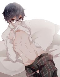 Rule 34 | 10s, 1boy, amamiya ren, arm up, bad id, bad pixiv id, bed, black hair, briefs, brown eyes, buttons, clothes in mouth, clothes lift, collarbone, eyelashes, glasses, looking at viewer, male focus, male underwear, mouth hold, navel, nipples, pale skin, pants, persona, persona 5, pillow, shirt in mouth, shirt lift, short hair, solo, sweater, tibaba pego, underwear, undressing, zipper