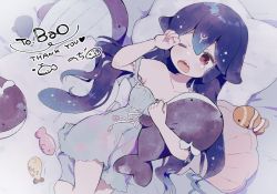 Rule 34 | 1girl, bao (vtuber), bed, blue hair, clownfish, commission, fish, indie virtual youtuber, liquid hair, long hair, no1shyv, off shoulder, one eye closed, open mouth, pillow, red eyes, skeb commission, solo, stuffed animal, stuffed toy, tropical fish, virtual youtuber, whale, yawning