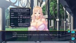 Rule 34 | 1girl, breasts, bursting breasts, character profile, cleavage, crown, dress, female focus, game cg, huge breasts, jewelry, kyonyuu fantasy, luceria von diamante, necklace, outdoors, pale skin, plant, sky, solo, standing, tree, wallpaper