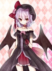 Rule 34 | 1girl, alternate costume, argyle, argyle background, argyle clothes, bare shoulders, bat wings, blush, bow, choker, dress, female focus, flower, gloves, highres, light purple hair, looking at viewer, purple hair, red eyes, remilia scarlet, ribbon, rose, short hair, smile, solo, touhou, wings, yuya (night lily)