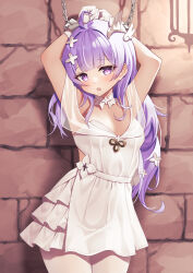 Rule 34 | 1girl, :o, absurdres, ahoge, arms up, azur lane, bare shoulders, blush, bound, bound arms, bound wrists, breasts, classic (zildjian33), dress, frilled dress, frills, hair ribbon, highres, long hair, looking at viewer, purple eyes, purple hair, restrained, ribbon, small breasts, solo, unicorn (azur lane), very long hair, white dress