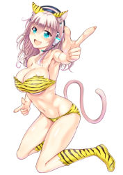 Rule 34 | 1girl, animal ears, animal print, bikini, blush, boots, breasts, cat ears, cat girl, cat tail, cleavage, fang, female focus, ganari ryuu, green eyes, headphones, headset, highres, large breasts, long hair, looking at viewer, navel, open mouth, original, pink hair, pointing, simple background, smile, solo, super tama musume, swimsuit, tail, tamatoys, tiger print