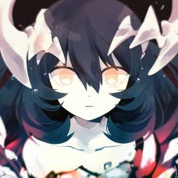 Rule 34 | 10s, 1girl, abyssal ship, anchorage water oni, bare shoulders, black hair, bubble, colored skin, commentary request, dress, glowing, horns, kantai collection, long hair, pale skin, solo, very long hair, white dress, white skin, yellow eyes, yuzuki gao