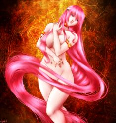 Rule 34 | 1girl, breasts, cleavage, completely nude, convenient censoring, diclonius, elfen lied, horns, large breasts, long hair, lucy (elfen lied), monster girl, nude, pink eyes, pink hair, pyrolover90