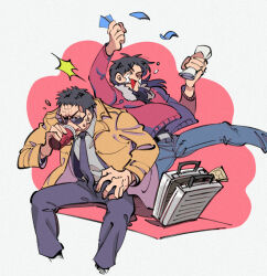 Rule 34 | 2boys, banknote, belt, black belt, black eyes, black hair, blue pants, bomber jacket, briefcase, brown coat, clenched hand, coat, coffee, commentary request, cropped legs, crying, cup, disposable cup, endou yuuji, falling, feet out of frame, formal, grey background, grey jacket, grey necktie, grey pants, happy tears, inudori, itou kaiji, jacket, kaiji, long hair, male focus, money, multiple boys, necktie, open clothes, open jacket, open mouth, pants, parted bangs, red jacket, short hair, sitting, suit, sunglasses, tears, very short hair