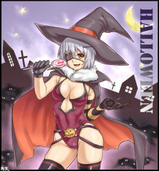 Rule 34 | 1girl, breasts, candy, cape, cleavage, covered navel, elbow gloves, eyepatch, fang, food, gloves, halloween, hat, hou takashi ji, houtengeki, lollipop, medium breasts, open mouth, original, short hair, silver hair, skindentation, solo, striped, swirl lollipop, thighhighs, witch hat, yellow eyes