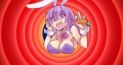 Rule 34 | 1girl, animal ears, bare arms, bare shoulders, bow, bowtie, breasts, bugs bunny, carrot, cleavage, detached collar, drooling, eating, erina (rabi-ribi), food, food on face, holding, holding food, jiete, leotard, long hair, looney tunes, medium breasts, mouth drool, open mouth, parody, pink bow, pink bowtie, playboy bunny, purple eyes, purple hair, purple leotard, rabbit ears, rabi-ribi, solo, strapless, strapless leotard, traditional bowtie, very long hair, white wrist cuffs, wrist cuffs